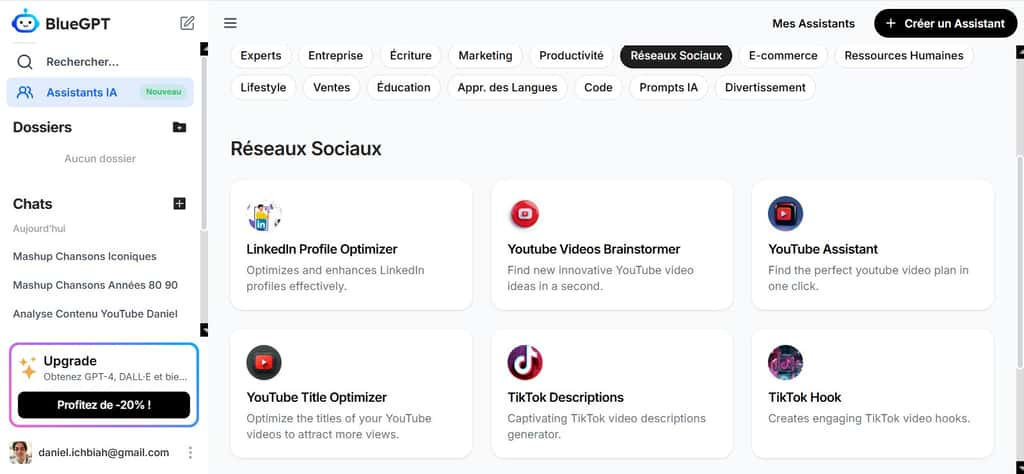  Les assistants de BlueGPT dédiés aux réseaux sociaux. © BlueGPT