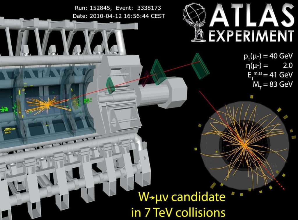 Un évènement candidat, à une énergie de collision totale de 7 TeV, d’un boson W se désintégrant dans Atlas pour produire une paire électron-positron (trace rouge). © Collaboration Atlas-Cern