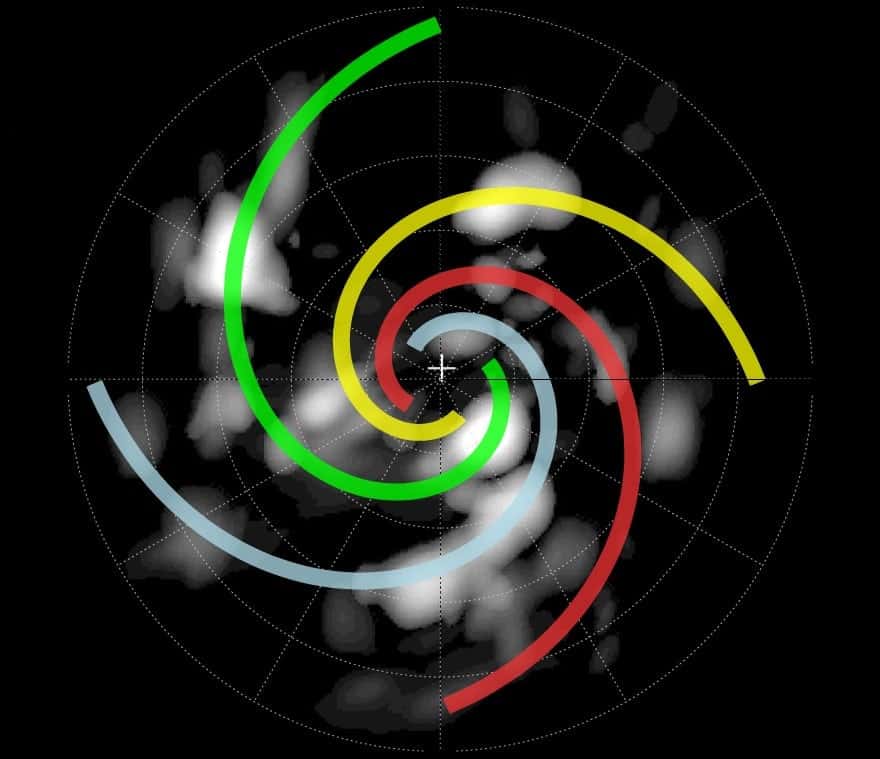 Les 4 bras en spirale identifiés par les chercheurs autour de la protoétoile G358-MM1. © RA Burns et <em>al.</em> 2023, <em>Nature Astronomy</em>
