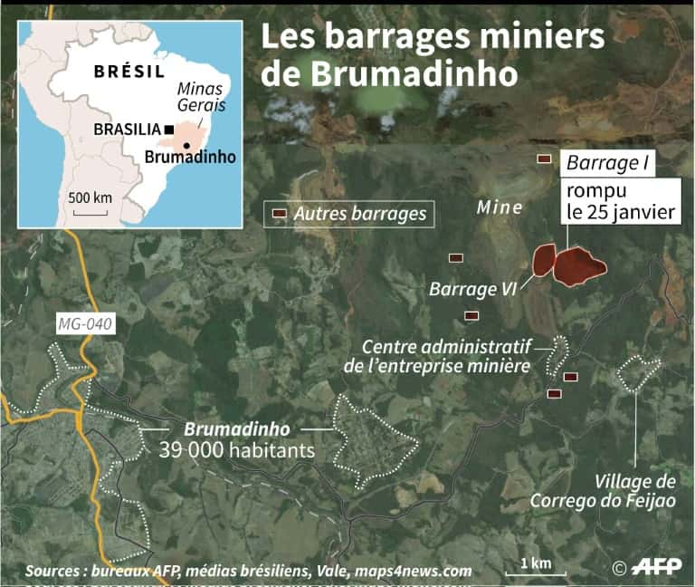 Les barrages miniers de Brumadinho. Une alerte a été déclenchée le 27 janvier, puis retirée, par crainte d'une autre rupture sur le barrage VI. © Thomas Saint-Cricq - AFP