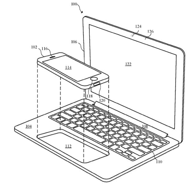 Un des brevets déposés par Apple pour un concept d'iPhone inséré dans un MacBook pour l'animer. © Apple