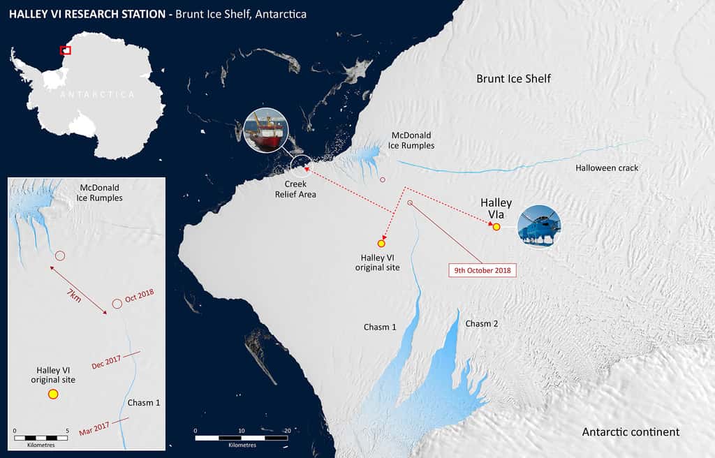 En octobre 2018, 7 km séparaient Chasm 1 des <em>McDonald Ice Rumples</em>. L'avancement de <em>Chasm 1</em> et l'apparition de <em>Halloween Crack</em> en 2016 ont poussé les scientifiques à déplacer la base Halley installée sur la barrière de Brunt. La nouvelle position de cette station de recherche dirigée par le <em>British Antarctic Survey</em> (BAS) est indiquée par le point jaune noté Halley VIa. © <a href="https://www.bas.ac.uk/project/brunt-ice-shelf-movement/" target="_blank"><em>British Antarctic Survey</em></a>