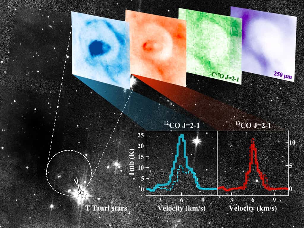 La position, les images multi-longueur d'onde et les spectres de la bulle moléculaire. Les panneaux en haut à droite sont les images de différentes molécules isotopiques CO. Les panneaux en bas à droite montrent les spectres moyens de la bulle moléculaire (ligne pointillée) et de l'écoulement (ligne continue). © Duan Yan