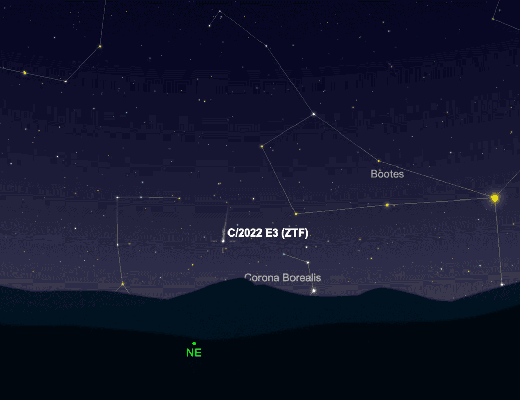 Le 10 janvier, C/2022 E3 (ZTF) revient au nord-est vers 1 h 30 du matin, entre Hercule, le Bouvier et la Couronne boréale. © SkySafari