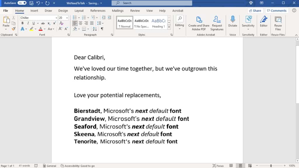 Pour remplacer Calibri, Microsoft présente cinq polices candidates. Ce sont les internautes qui vont s’exprimer pour choisir leur police préférée. © Microsoft