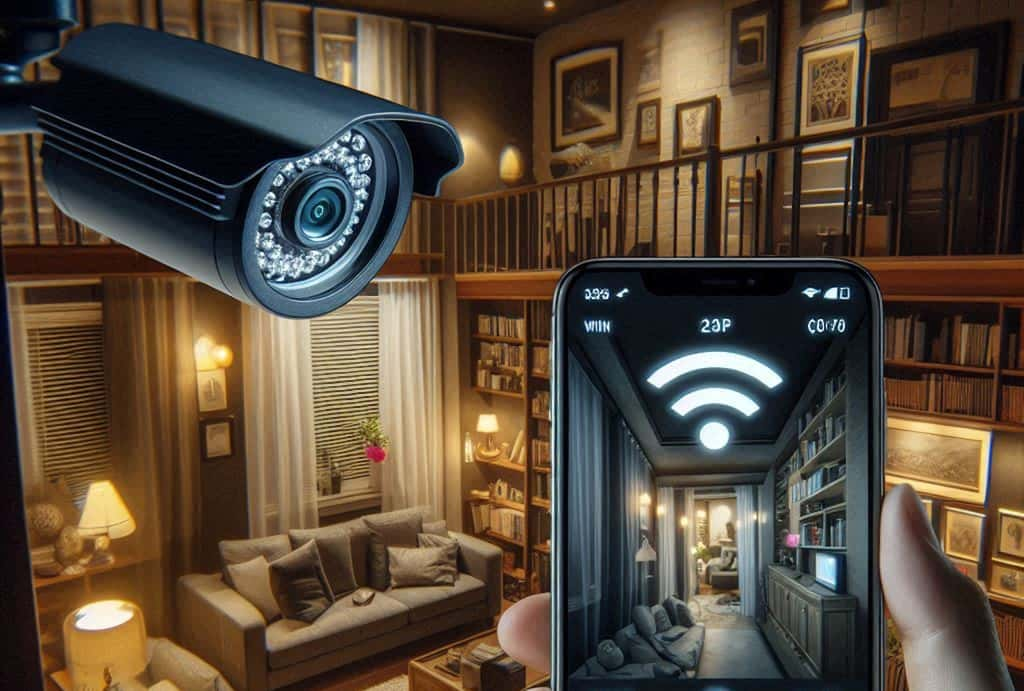 Une caméra de vidéosurveillance connectée à un smartphone © SB, Microsoft Designer (image générée avec IA)