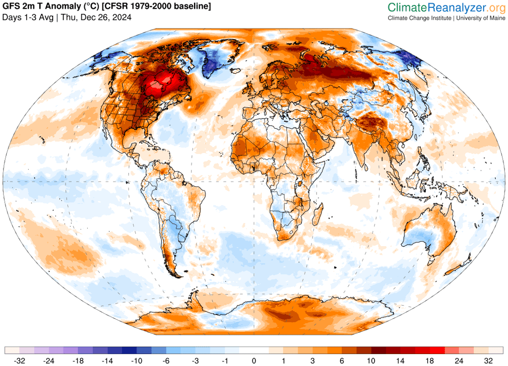 Les anomalies de températures actuellement dans le monde : la masse d'air chaud sur l'est du Canada est très visible en rouge. © Climate Reanalyzer