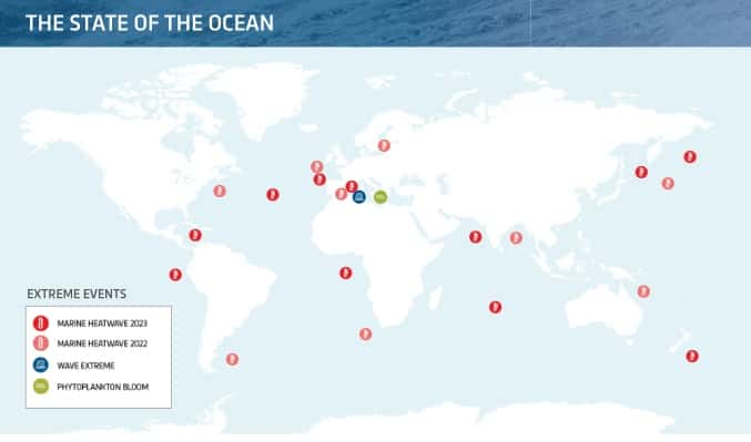 Les points désignent les zones concernées par des canicules marines en 2023 (rouge) et en 2022 (rose). En bleu, les zones où des vagues extrêmes ont été signalées, et en vert, les floraisons inattendues du plancton. © Copernicus