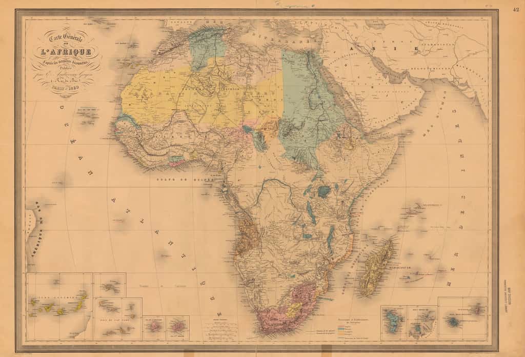 « <em>Carte générale de l'Afrique d'après les dernières découvertes</em> », dessinée par Georges Andriveau Goujon en 1880. Bibliothèque de l'université de Princeton, département des cartes. © Wikimedia Commons, domaine public