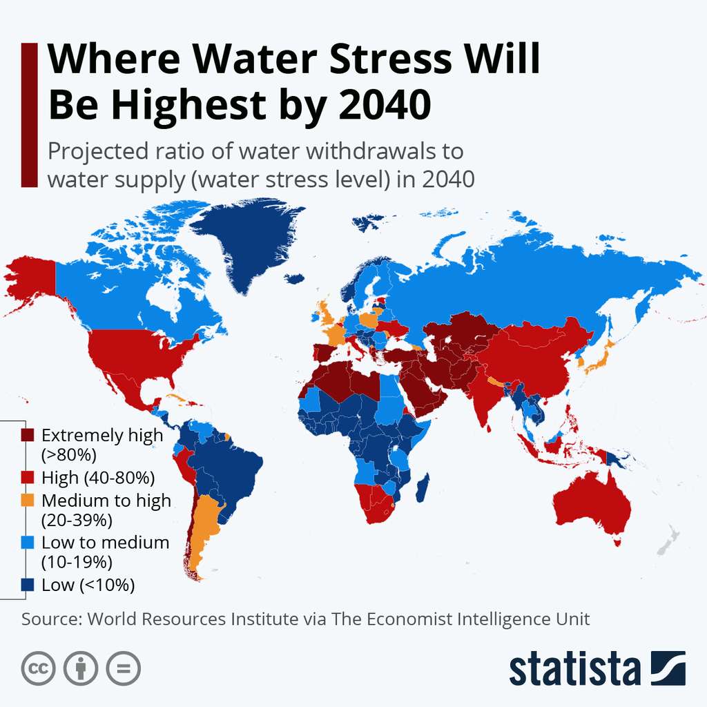 La carte indiquant les pays qui souffriront le plus de stress hydrique d'ici 2040. © <em>World Resources Institute, </em>Statista