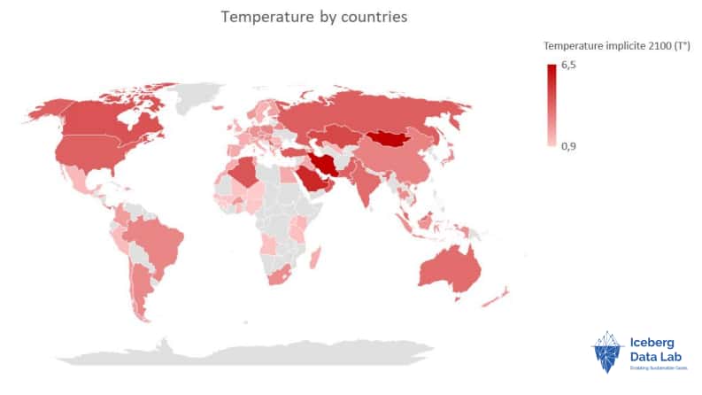 La hausse des températures prévue d'ici 2100 dans le monde : de +0,9 °C à +6,5 °C comparé à l'ère préindustrielle. © Iceberg Data Lab