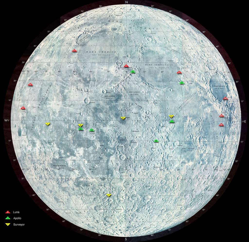 Amusez-vous à retrouver sur la Lune les sites d’atterrissage des missions Apollo et aussi Surveyor et Luna (URSS). © Nasa