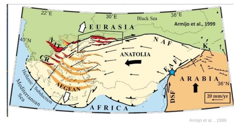 Carte de la plaque Anatolienne, l’étoile bleue représente l’épicentre du séisme principal du 6 février 2023 (EAF : faille est-anatolienne; DSF : faille du Levant ou faille de la mer Morte; NAF : faille nord-anatolienne). © Armijo et al., 1999