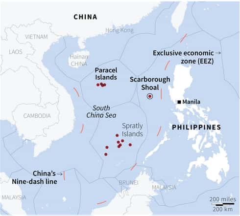 Carte de la mer de Chine méridionale montrant les territoires (points rouges) revendiqués par la Chine. © Reuters