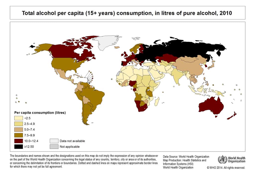 Selon cette carte établie par l’OMS, le Portugal et les pays de l’ex-URSS figurent dans la liste noire des territoires dans lesquels la consommation d’alcool est la plus élevée. Le monde occidental figure, quant à lui, sur la liste rouge. © OMS