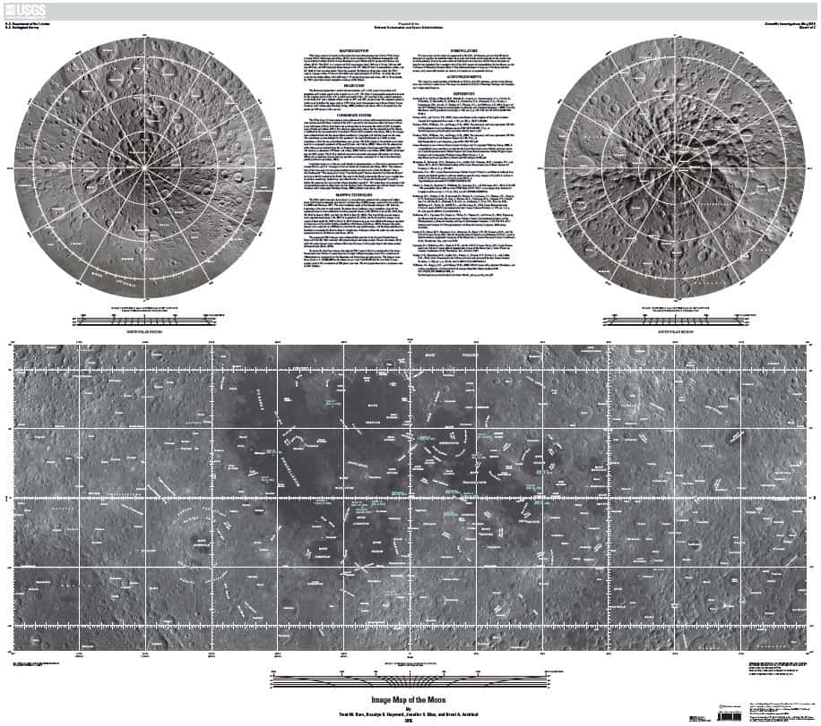 Carte de la Lune en très haute résolution (<a title="http://pubs.usgs.gov/sim/3316/downloads/sim3316_sheet1.pdf" href="">251 Mb</a> ou <a href="http://pubs.usgs.gov/sim/3316/downloads/sim3316_sheet1_lo_res.pdf" target="_blank">58,4 Mb</a>) créée à partir des images prises par la caméra WAC (<em>Wide Angle Camera</em>) de la sonde LRO. Tous les reliefs d’une taille supérieure à 85 kilomètres sont mentionnés sur la carte. Exception de régions célèbres de taille inférieure. © Nasa, LRO, USGS 