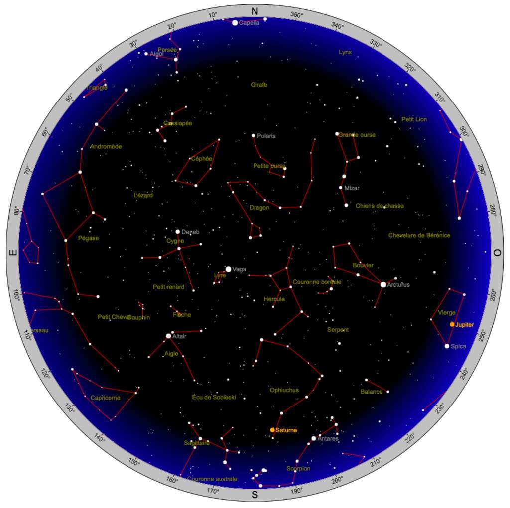 Carte du ciel pour le 12 août vers 22 h. En 2017, Jupiter est visible dans la Vierge, à l’ouest et Saturne brille dans le Serpentaire, au sud. Créez et imprimez votre propre carte du ciel selon votre position géographique et l’heure de votre choix sur le site <a target="_blank" href="http://www.heavens-above.com/">Heavens-Above</a>. © Heavens-Above