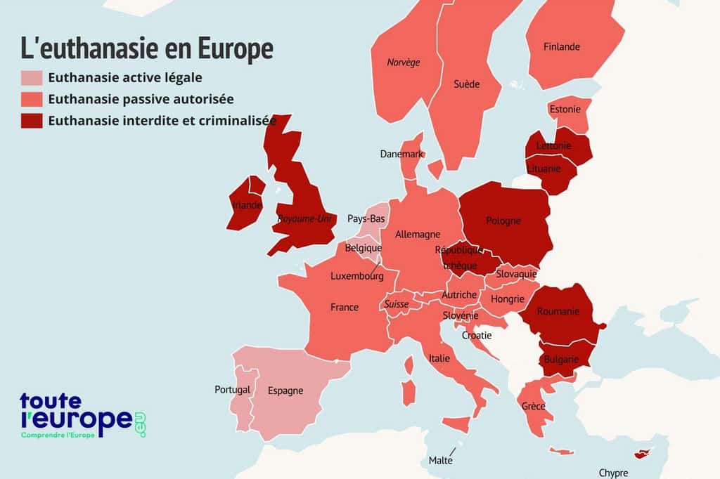 La fin de vie n'est pas un débat exclusivement français : carte de l'Europe représentant la législation autour de la question de l'euthanasie. © Toute l'Europe (mai 2023), Futura