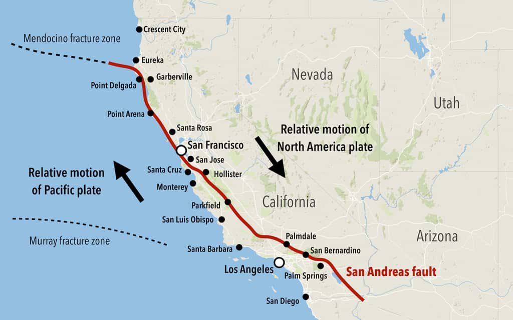 Carte de la faille de San Andreas qui cisaille l'ouest de la Californie. © Dimitrios, Adobe Stock
