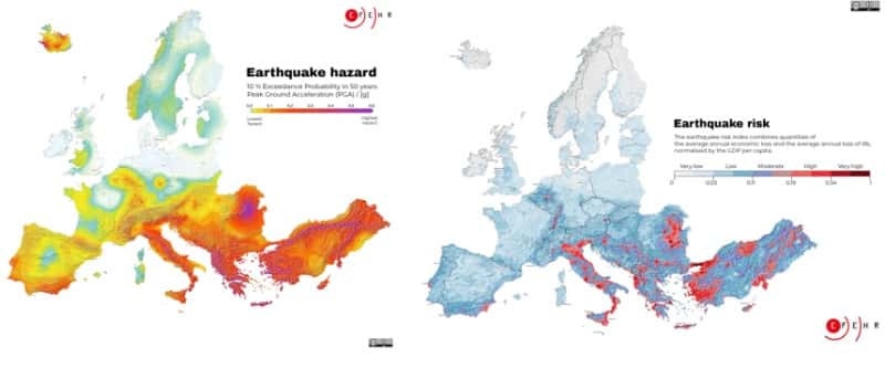 Figure C - Cartes d’aléa et de risque sismiques en Europe et en Eurasie. © Danciu et <em>al.</em>, (2021) et Crowley et<em> al.</em>, 2021