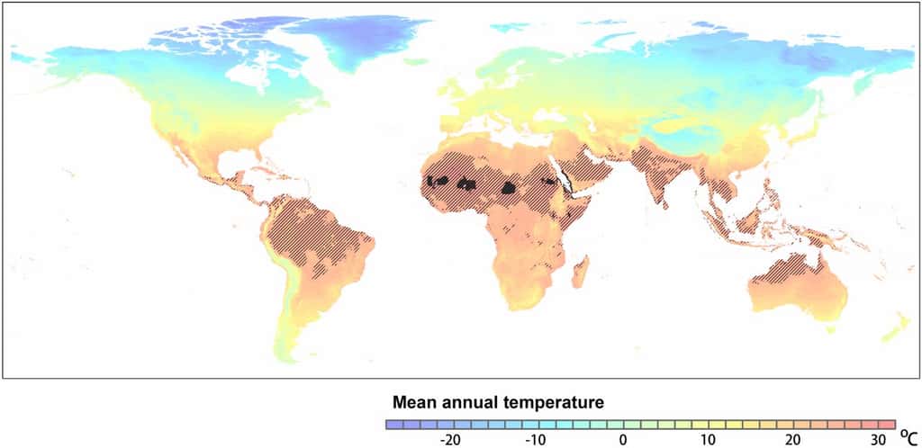 La carte des zones où les températures annuelles dépassent les 29 °C en 2070 selon le scénario testé. © Chi Xu et <em>al. PNAS</em>