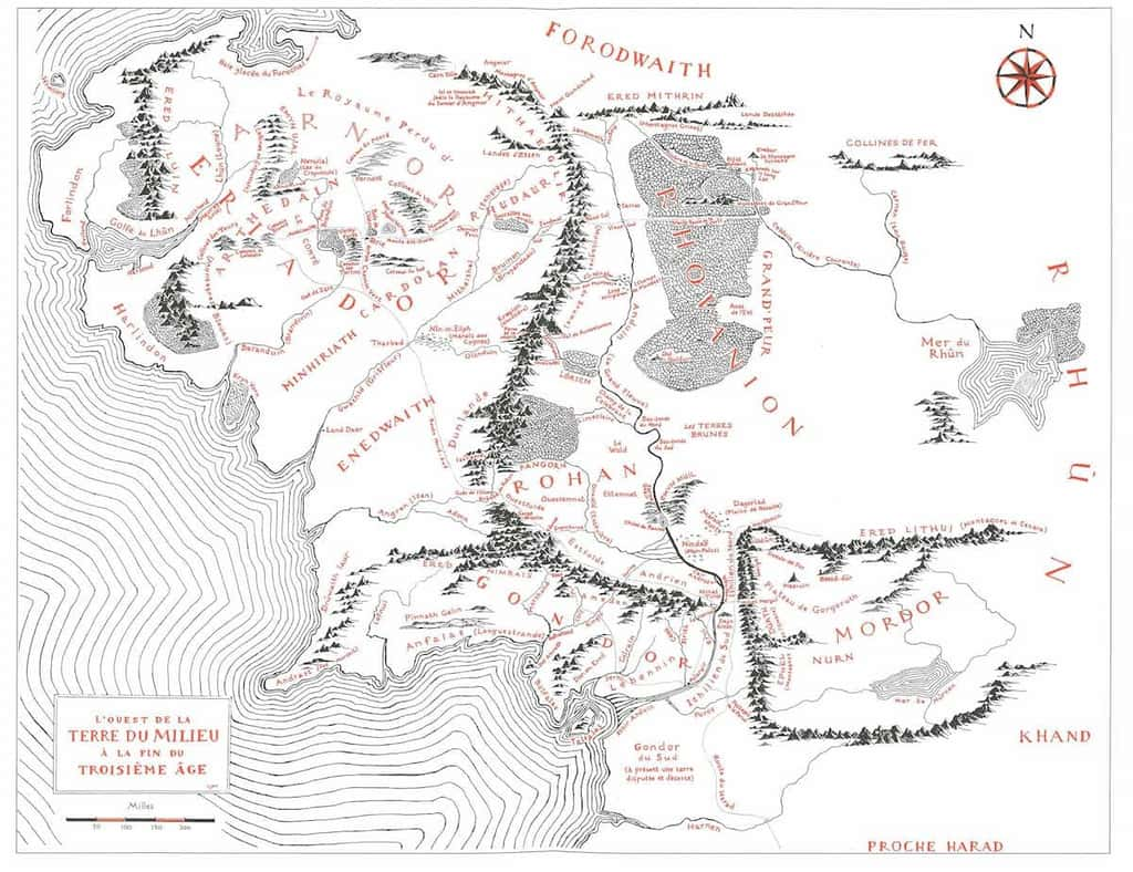 Carte de la Terre du milieu à la fin du Troisième âge. Tolkien, <em>Le seigneur des anneaux</em> Intégrale, éditions Bourgois