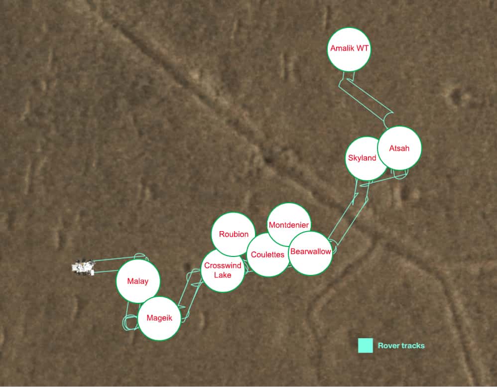 Carte du site Three Forks où chaque zone de dépôt d'un échantillon a son petit nom. © Nasa, JPL-CalTech, MSSS