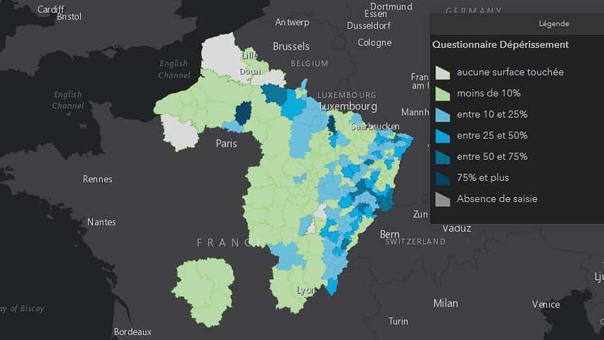 Carte des dépérissements dus à la sécheresse dans le Grand Est de la France. © ONF