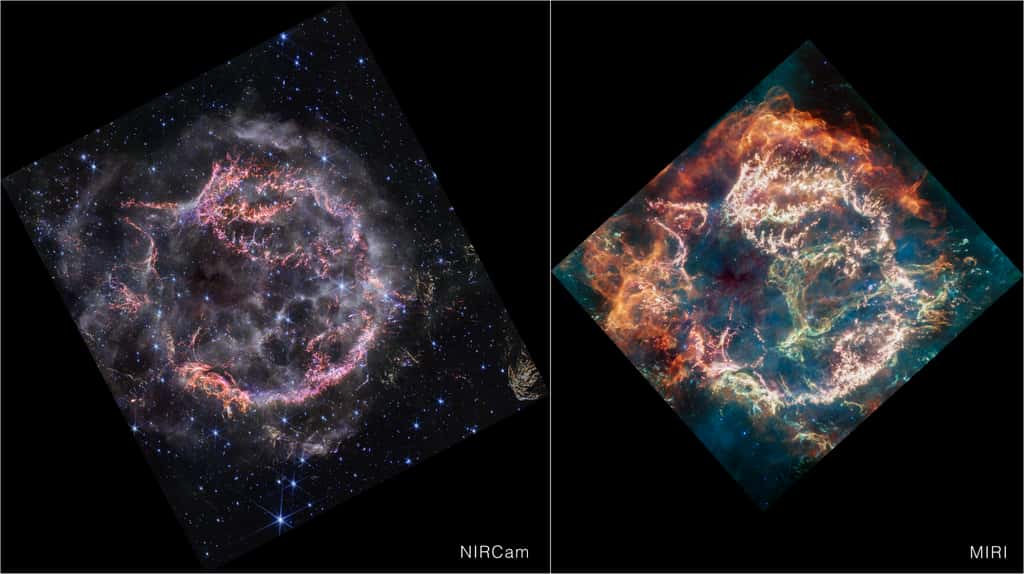 Cette image fournit une comparaison côte à côte des restes de supernova Cassiopeia A (Cas A), tels que capturés par la NIRCam (caméra infrarouge proche) et la Miri (instrument infrarouge moyen) du télescope spatial James-Webb de la Nasa. À première vue, l’image NIRCam de Webb semble moins colorée que l’image Miri dans son ensemble, cependant, cela est uniquement dû aux longueurs d’onde dans lesquelles le matériau de l’objet émet sa lumière. L'image NIRCam apparaît un peu plus nette que l'image Miri en raison de sa résolution accrue. La périphérie de la coque intérieure principale, qui apparaît en orange foncé et rouge sur l'image Miri, ressemble à la fumée d'un feu de camp sur l'image NIRCam. Cela marque l'endroit où l'onde de souffle de la supernova s'enfonce dans la matière circumstellaire environnante. La poussière contenue dans le matériau circumstellaire est trop froide pour être détectée directement dans les longueurs d'onde du proche infrarouge, mais s'illumine dans le moyen infrarouge. © Nasa, ESA, CSA, STScI, Danny Milisavljevic (<em>Purdue University</em>), Ilse De Looze (UGent), Tea Temim (<em>Princeton University</em>)