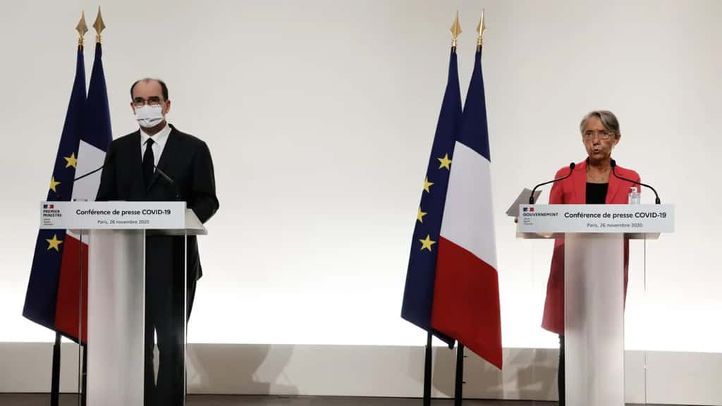 La conférence de presse de Jean Castex et Élisabeth Borne du 26 novembre 2020. © Ludovic Marin, Pool, AFP