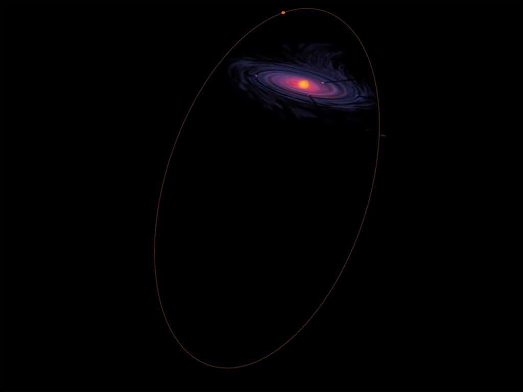 Illustration de l’orbite d’un astéroïde Centaure 4,5 millards d’années dans le passé, par rapport au disque protoplanétaire. L’astéroïde orbite autour du Soleil loin du disque dans un plan perpendiculaire à ce dernier. © Nasa (disque protoplanétaire)
