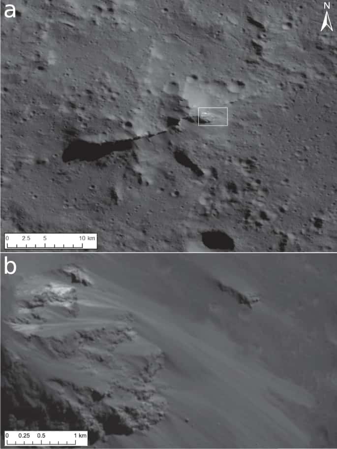 En haut, une image à haute résolution (3-5 m par pixel) présentant la crête centrale du cratère. En bas, un zoom sur la zone entourée comportant des matériaux brillants, suspectés d'être des dépôts salés. © Nasa/JPL-Caltech/Ucla/MPS/DLR/IDA)