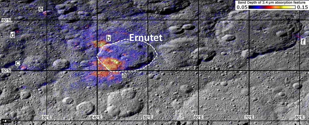 Les données de la sonde Dawn montrent les zones autour du cratère Ernutet où des matières organiques ont été découvertes (étiquetées de « a » à « f »). L'intensité de la bande d'absorption organique est représentée par des couleurs, où les plus chaudes indiquent des concentrations plus élevées. © NASA/JPL-Caltech/UCLA/ASI/INAF/MPS/DLR/IDA