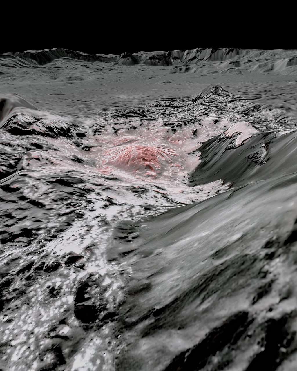 Le cratère Occator de Cérès sous lequel se cacherait un océan d'eau salée à l'état liquide, profond d'environ 40 kilomètres et qui s'étendrait sur des centaines de kilomètres. © Nasa, JPL-Caltech, Ucla, MPS, DLR, IDA 