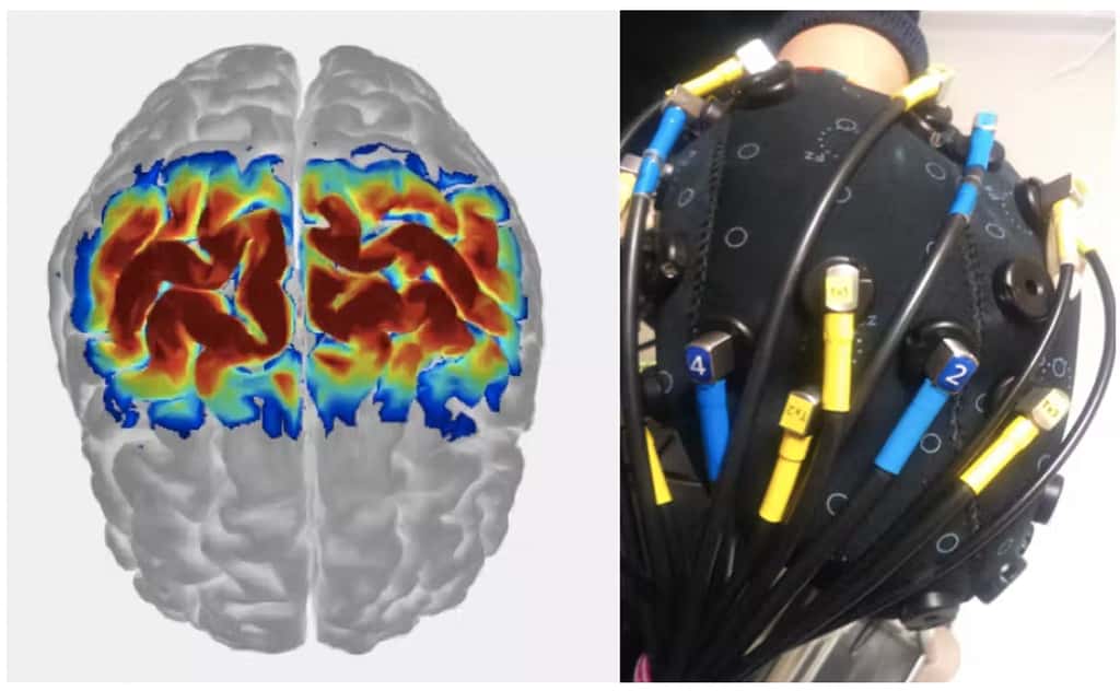Bonnet (à droite) équipé de capteurs optiques mesurant la réponse neurovasculaire de différentes aires motrices du cerveau (à gauche). © Stéphane Perrey, <em>The Conversation</em>