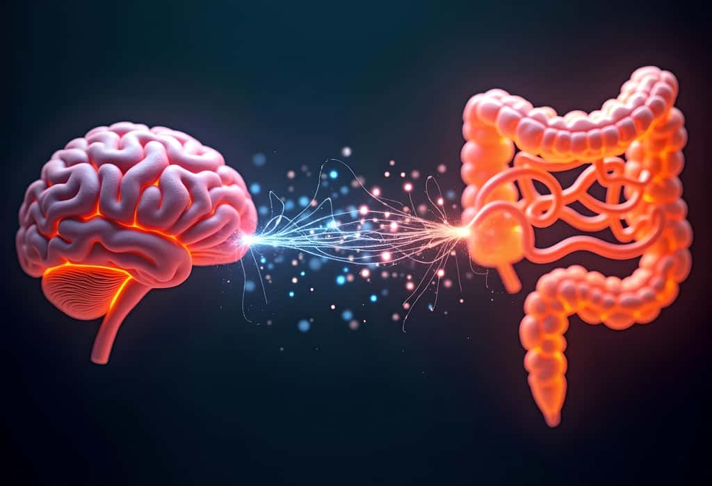 Souvent appelé notre « deuxième cerveau », l’intestin communique avec le cerveau <em>via</em> des bactéries qui pourraient influencer notre santé mentale. De plus en plus d'études sont menées pour mieux comprendre ce lien et envisager de nouveaux traitements. © Hermann, Adobe Stock (image générée par IA)