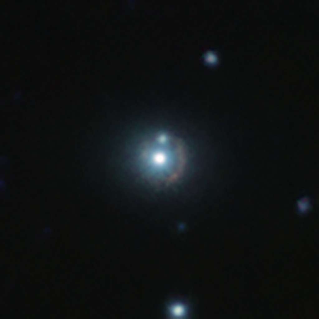 Cette image infrarouge montre la galaxie lointaine 9io9, vue ici sous la forme d'un arc rougeâtre incurvé autour d'une galaxie brillante plus proche. Cette galaxie proche agit comme une lentille gravitationnelle : sa masse courbe l'espace-temps autour d'elle, courbant les rayons lumineux provenant de 9io9 à l'arrière-plan, d'où sa forme déformée. Cette vue en couleurs résulte de la combinaison d'images infrarouges prises par Vista (<em>Visible and Infrared Survey Telescope for Astronomy</em>) de l'ESO au Chili, et par le CFHT (<em>Canada France Hawaii Telescope</em>) aux États-Unis. © ESO, J. Geach et <em>al.</em>