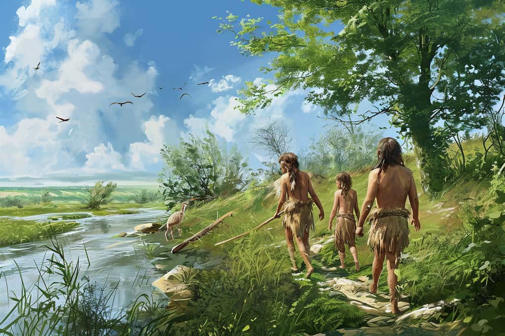 Il y a 60 000 ans environ, <em>Homo sapiens</em> quitte l'Afrique pour entamer une grande migration vers les territoires du nord. Il se serait cependant arrêté en chemin avant de coloniser l'Europe et l'Asie. © Kristian, Adobe Stock (image générée à l'aide de l'IA)