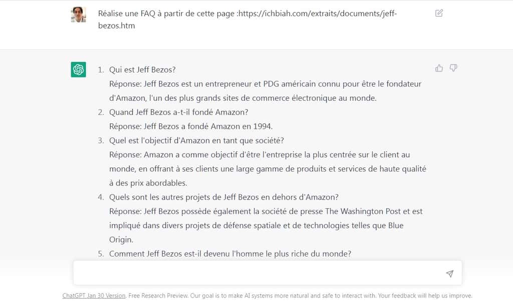 ChatGPT a été chargé de réaliser une FAQ à partir d’une page sur Jeff Bezos, le fondateur de Amazon. © OpenAI