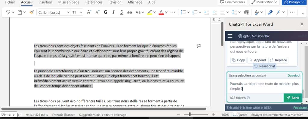 Nous demandons au complément ChatGPT pour Excel Word de réécrire une partie du texte. © Microsoft, ChatGPT pour Excel Word