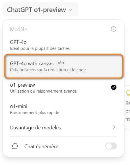 Sélection du mode Canvas. © OpenAI