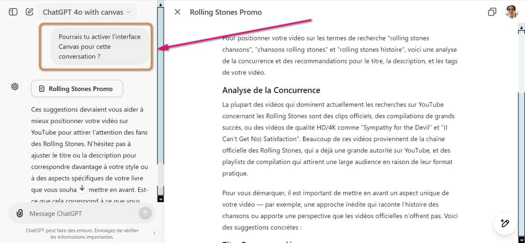 Dans le mode Canvas, ChatGPT décide de lui-même s’il doit adopter une présentation en deux parties : la conversation à gauche et la réponse sur la droite. À défaut, il faut le lui demander explicitement. © OpenAI