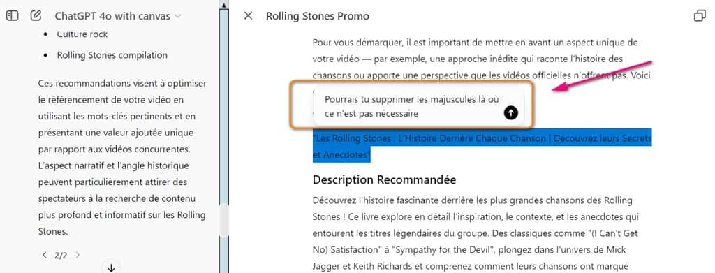 Avec Canvas, il est possible de placer une requête qui ne va porter que sur la partie du texte surligné. © OpenAI