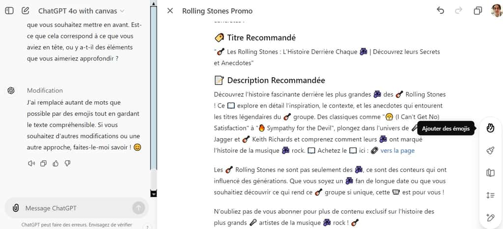 Ajout d’emojis au texte. © OpenAI