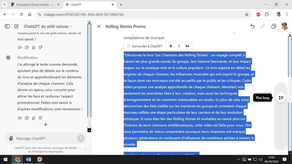 Ici, nous demandons à Canvas d’allonger une partie du texte. Il va le réécrire ainsi. © OpenAI