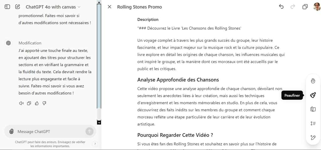 La fonction « Peaufiner » améliore le texte mais aussi sa présentation. © OpenAI