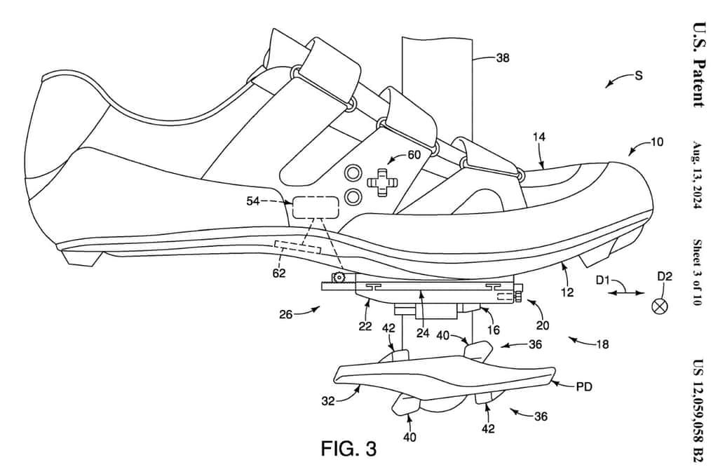 La chaussure avec les commandes manuelles (60), le système d’ajustement (26), la cale (16) et la pédale (PD). © Shimano, US Patent Office