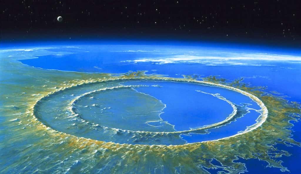 La puissance de l'impact météoritique il y a 66 millions d'années n'est pas remise en cause. Mais cet événement, si catastrophique qu'il fut, n'aurait pas été la cause principale de l'extinction de la fin du Crétacé. Vue d'artiste du cratère de Chicxulub dans le Yucatan. © Detlev van Ravenswaay