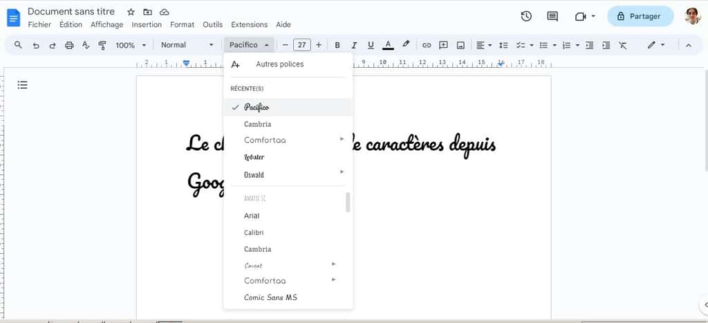 Choix d’une police sous Google Docs. © Google