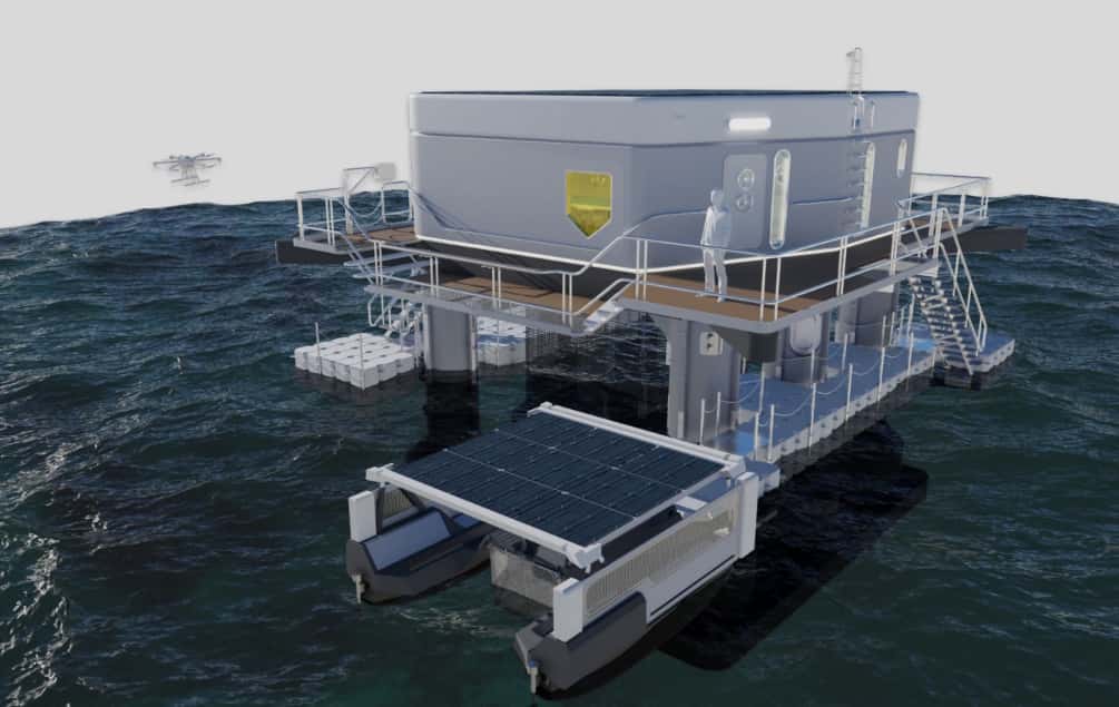 Rhinoshield a imaginé un projet innovant pour purifier l’eau des océans des déchets marins. Il s’agit du projet <em>CircularBlue</em>, une plateforme flottante dotée de drones de reconnaissance pour récupérer les déchets et de navires autonomes de collecte pour les récupérer. © Rhinoshield Rhinoshield a imaginé un projet innovant pour purifier l’eau des océans des déchets marins. Il s’agit du projet <em>CircularBlue</em>, une plateforme flottante dotée de drones de reconnaissance pour récupérer les déchets et de navires autonomes de collecte pour les récupérer. © Rhinoshield